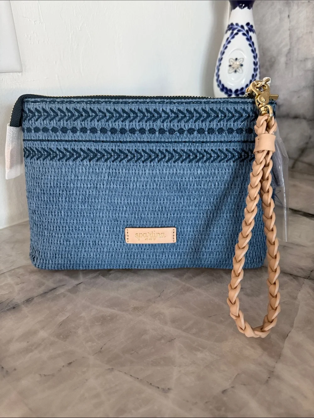 Spartina Maci Wristlet Ogeechee Blue Palm NWT